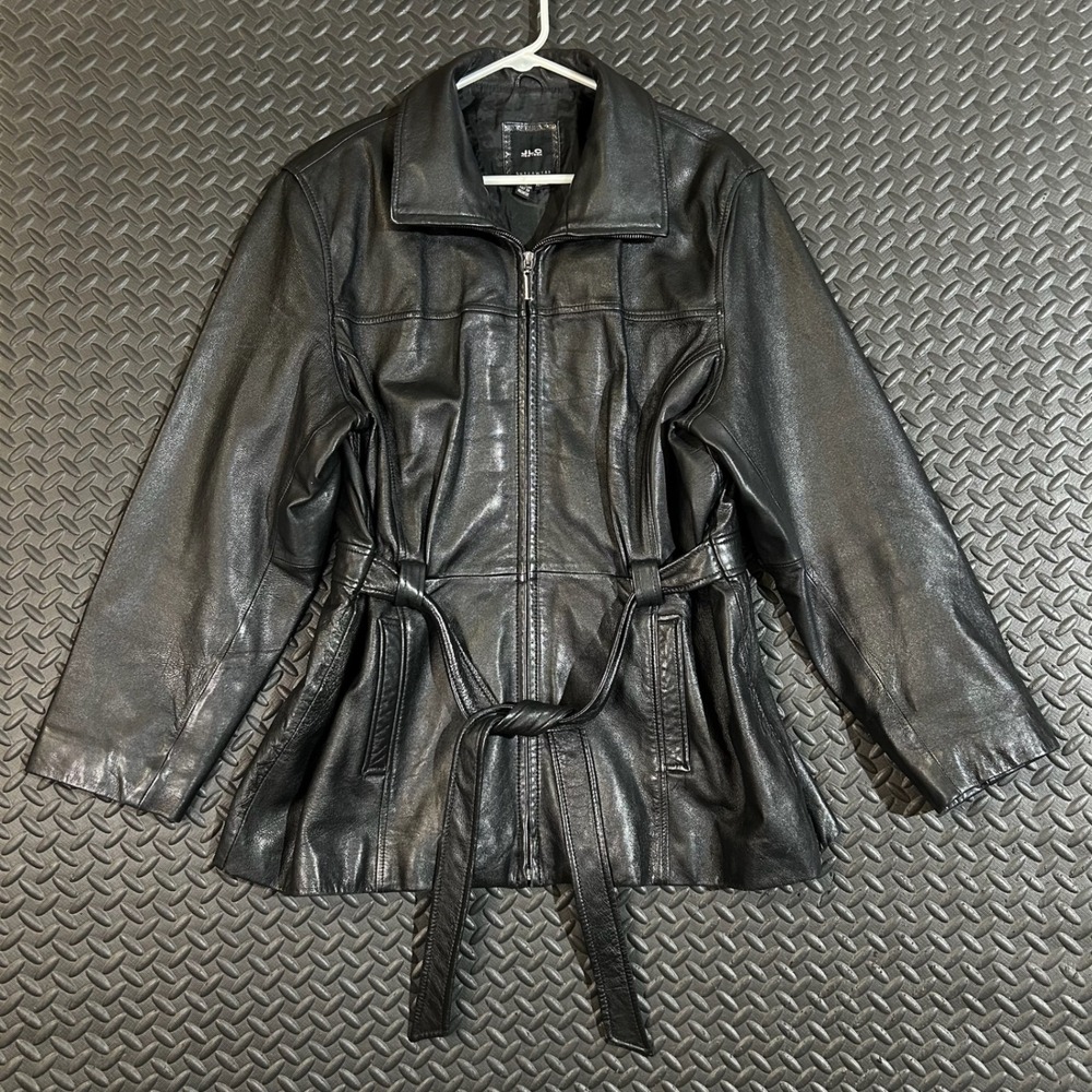 JLC New York Women XL Black Leather Jacket Belted Zip Front Genuine Leather Coat